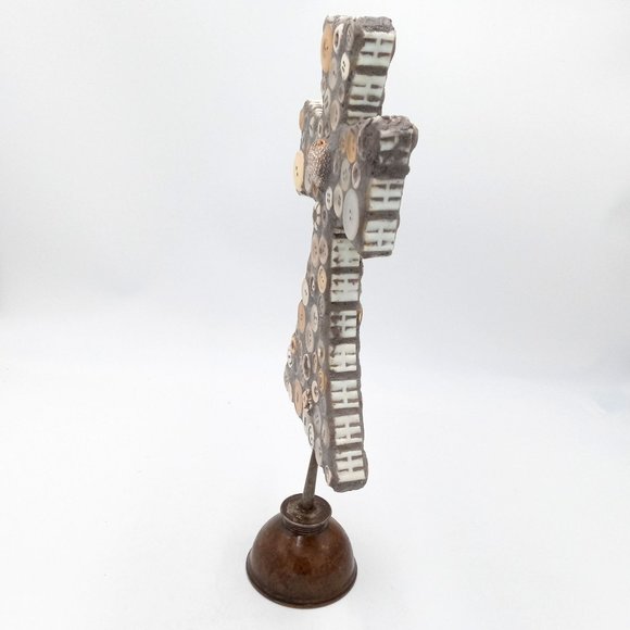 Button Sculpture Folk Art OOAK Memory Jug Style Forget Me Not Assemblage Found - Picture 16 of 16